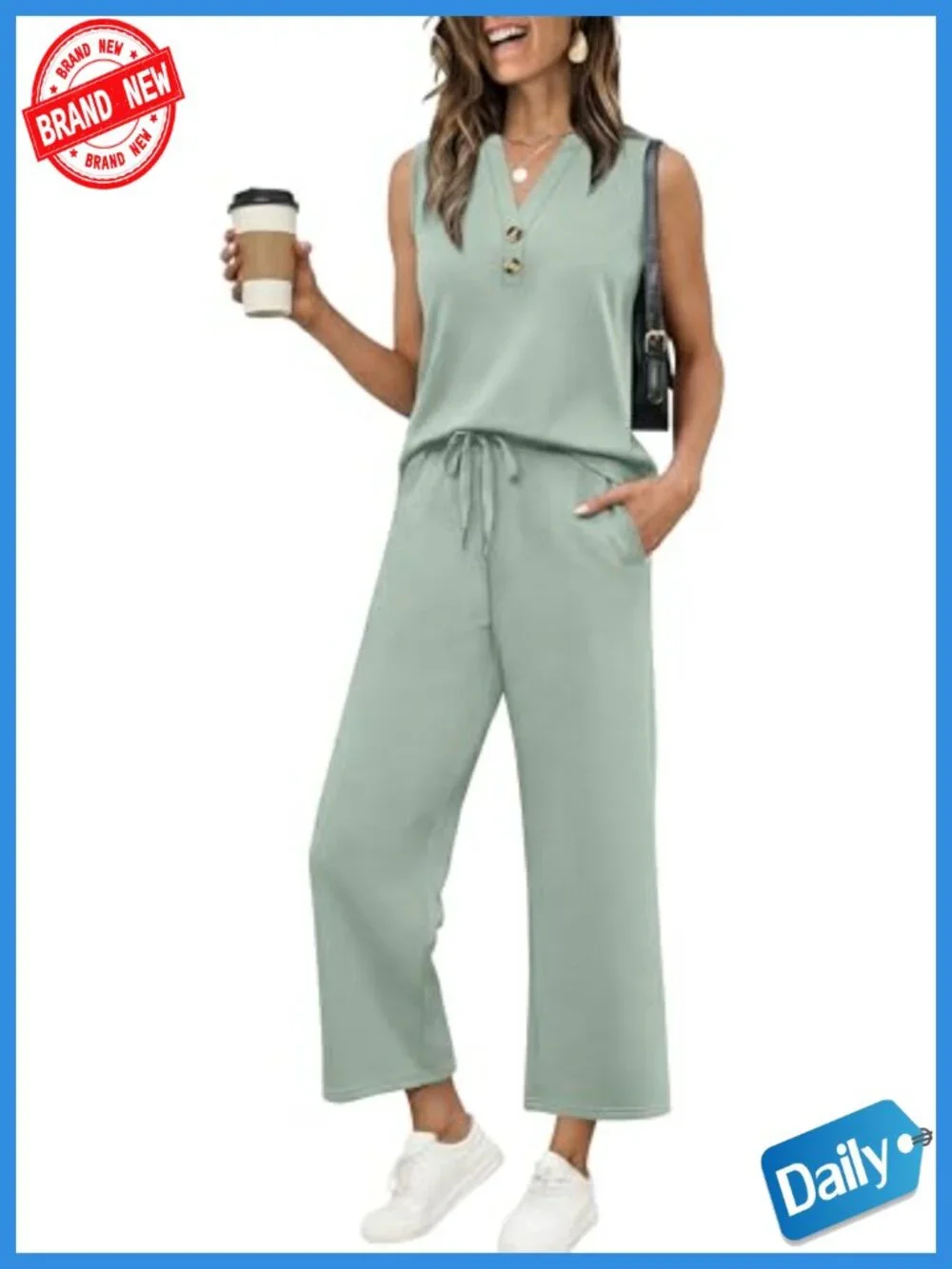 Two Piece Lounge Set V-Neck Tank Wide Leg Pants 60% Polyester 35% Rayon 5%